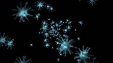 Siyah zemin üzerinde birçok virüs hücresi uçurmak. Tıbbi konsept, mikroskobik çizim. Dönen virüs moleküllerinin 3 boyutlu animasyonu. Döngü canlandırması.