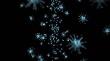 Siyah zemin üzerinde birçok virüs hücresi uçurmak. Tıbbi konsept, mikroskobik çizim. Dönen virüs moleküllerinin 3 boyutlu animasyonu. Döngü canlandırması.