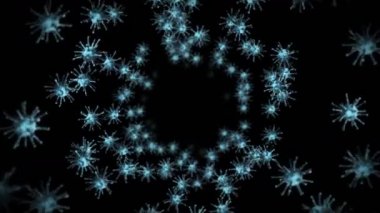 Siyah zemin üzerinde birçok virüs hücresi uçurmak. Tıbbi konsept, mikroskobik çizim. Dönen virüs moleküllerinin 3 boyutlu animasyonu. Döngü canlandırması.