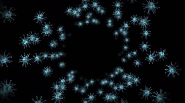 Siyah zemin üzerinde birçok virüs hücresi uçurmak. Tıbbi konsept, mikroskobik çizim. Dönen virüs moleküllerinin 3 boyutlu animasyonu. Döngü canlandırması.