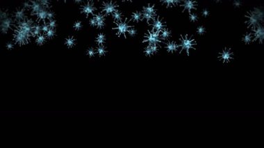 Siyah zemin üzerinde birçok virüs hücresi uçurmak. Tıbbi konsept, mikroskobik çizim. Dönen virüs moleküllerinin 3 boyutlu animasyonu. Döngü canlandırması.