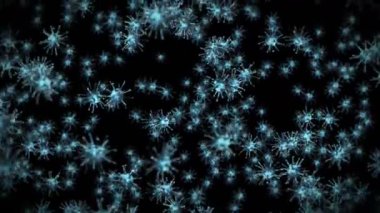 Siyah zemin üzerinde birçok virüs hücresi uçurmak. Tıbbi konsept, mikroskobik çizim. Dönen virüs moleküllerinin 3 boyutlu animasyonu. Döngü canlandırması.