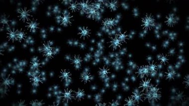 Siyah zemin üzerinde birçok virüs hücresi uçurmak. Tıbbi konsept, mikroskobik çizim. Dönen virüs moleküllerinin 3 boyutlu animasyonu. Döngü canlandırması.