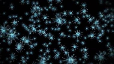 Siyah zemin üzerinde birçok virüs hücresi uçurmak. Tıbbi konsept, mikroskobik çizim. Dönen virüs moleküllerinin 3 boyutlu animasyonu. Döngü canlandırması.