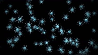 Siyah zemin üzerinde birçok virüs hücresi uçurmak. Tıbbi konsept, mikroskobik çizim. Dönen virüs moleküllerinin 3 boyutlu animasyonu. Döngü canlandırması.