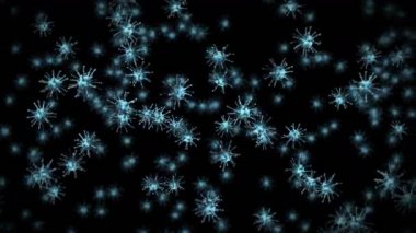 Siyah zemin üzerinde birçok virüs hücresi uçurmak. Tıbbi konsept, mikroskobik çizim. Dönen virüs moleküllerinin 3 boyutlu animasyonu. Döngü canlandırması.