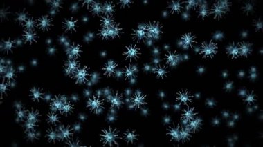 Siyah zemin üzerinde birçok virüs hücresi uçurmak. Tıbbi konsept, mikroskobik çizim. Dönen virüs moleküllerinin 3 boyutlu animasyonu. Döngü canlandırması.