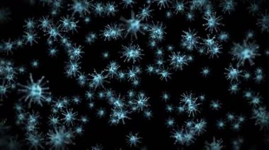 Siyah zemin üzerinde birçok virüs hücresi uçurmak. Tıbbi konsept, mikroskobik çizim. Dönen virüs moleküllerinin 3 boyutlu animasyonu. Döngü canlandırması.