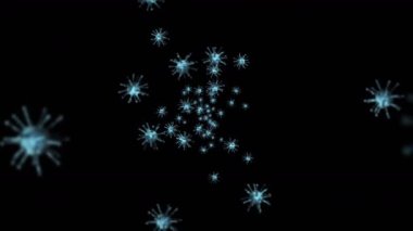 Siyah zemin üzerinde birçok virüs hücresi uçurmak. Tıbbi konsept, mikroskobik çizim. Dönen virüs moleküllerinin 3 boyutlu animasyonu. Döngü canlandırması.