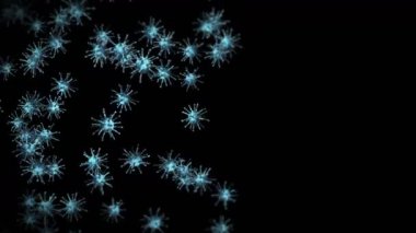 Siyah zemin üzerinde birçok virüs hücresi uçurmak. Tıbbi konsept, mikroskobik çizim. Dönen virüs moleküllerinin 3 boyutlu animasyonu. Döngü canlandırması.