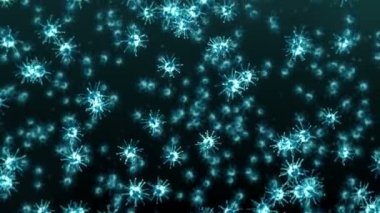 Siyah zemin üzerinde birçok virüs hücresi uçurmak. Tıbbi konsept, mikroskobik çizim. Dönen virüs moleküllerinin 3 boyutlu animasyonu. Döngü canlandırması.