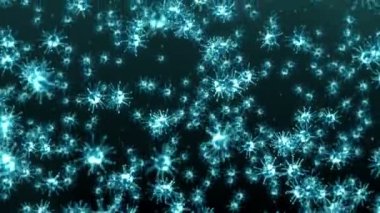 Siyah zemin üzerinde birçok virüs hücresi uçurmak. Tıbbi konsept, mikroskobik çizim. Dönen virüs moleküllerinin 3 boyutlu animasyonu. Döngü canlandırması.