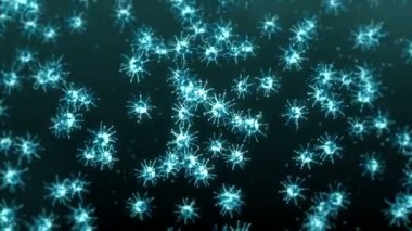 Siyah zemin üzerinde birçok virüs hücresi uçurmak. Tıbbi konsept, mikroskobik çizim. Dönen virüs moleküllerinin 3 boyutlu animasyonu. Döngü canlandırması.