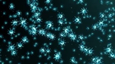 Siyah zemin üzerinde birçok virüs hücresi uçurmak. Tıbbi konsept, mikroskobik çizim. Dönen virüs moleküllerinin 3 boyutlu animasyonu. Döngü canlandırması.