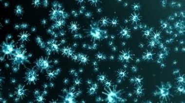 Siyah zemin üzerinde birçok virüs hücresi uçurmak. Tıbbi konsept, mikroskobik çizim. Dönen virüs moleküllerinin 3 boyutlu animasyonu. Döngü canlandırması.