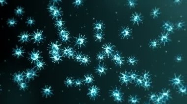 Siyah zemin üzerinde birçok virüs hücresi uçurmak. Tıbbi konsept, mikroskobik çizim. Dönen virüs moleküllerinin 3 boyutlu animasyonu. Döngü canlandırması.