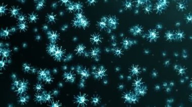 Siyah zemin üzerinde birçok virüs hücresi uçurmak. Tıbbi konsept, mikroskobik çizim. Dönen virüs moleküllerinin 3 boyutlu animasyonu. Döngü canlandırması.