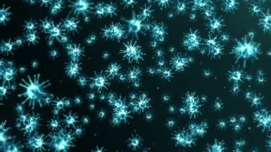 Siyah zemin üzerinde birçok virüs hücresi uçurmak. Tıbbi konsept, mikroskobik çizim. Dönen virüs moleküllerinin 3 boyutlu animasyonu. Döngü canlandırması.