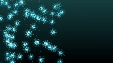 Siyah zemin üzerinde birçok virüs hücresi uçurmak. Tıbbi konsept, mikroskobik çizim. Dönen virüs moleküllerinin 3 boyutlu animasyonu. Döngü canlandırması.