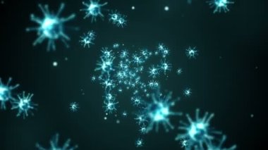 Siyah zemin üzerinde birçok virüs hücresi uçurmak. Tıbbi konsept, mikroskobik çizim. Dönen virüs moleküllerinin 3 boyutlu animasyonu. Döngü canlandırması.