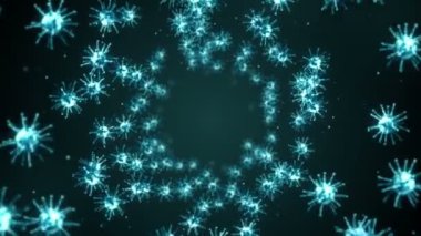 Siyah zemin üzerinde birçok virüs hücresi uçurmak. Tıbbi konsept, mikroskobik çizim. Dönen virüs moleküllerinin 3 boyutlu animasyonu. Döngü canlandırması.