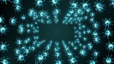 Siyah zemin üzerinde birçok virüs hücresi uçurmak. Tıbbi konsept, mikroskobik çizim. Dönen virüs moleküllerinin 3 boyutlu animasyonu. Döngü canlandırması.