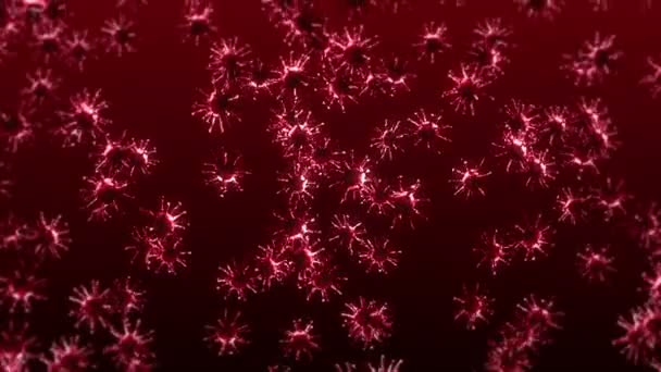 赤い背景に多くのウイルス細胞を飛んでいます 医学的概念 顕微鏡イラスト ウイルス分子が回転する3Dアニメーション ループアニメーション — ストック動画