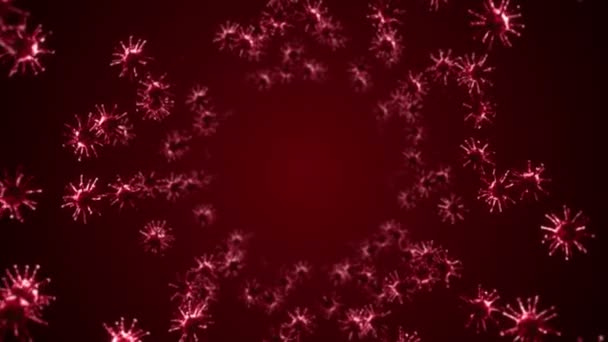 Viele Virenzellen Fliegen Auf Rotem Hintergrund Medizinisches Konzept Mikroskopische Illustration — Stockvideo