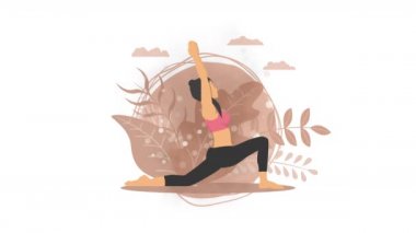 Kadın doğada yoga egzersizi yapıyor. Hilal ay pozu. Yoga pozu veren kadın çizgi film karakteri. Sağlıklı bir yaşam tarzı. Döngü canlandırması.