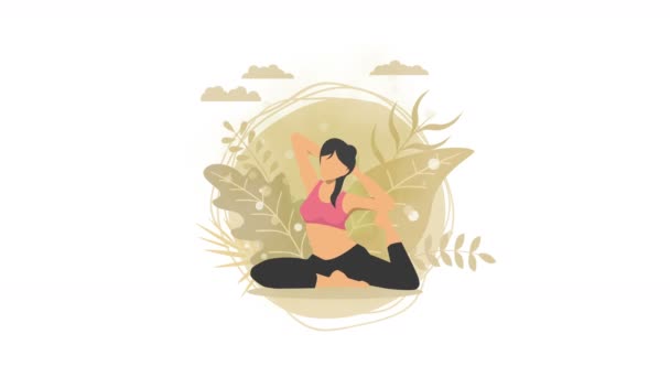 Woman Does Yoga Exercise Nature Pigeon Pose Female Cartoon Character — Stock Video