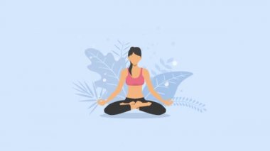 Kadın doğada yoga egzersizi yapıyor. Lotus pozu. Yoga pozu veren kadın çizgi film karakteri. Sağlıklı bir yaşam tarzı. Döngü canlandırması.