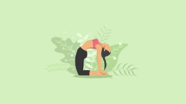 Kadın doğada yoga egzersizi yapıyor. Deve pozisyonu. Yoga pozu veren kadın çizgi film karakteri. Sağlıklı bir yaşam tarzı. Döngü canlandırması.