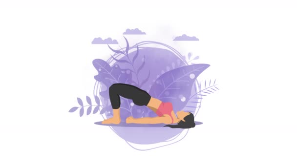 Woman Does Yoga Exercise Nature Bridge Pose Female Cartoon Character — Stock Video