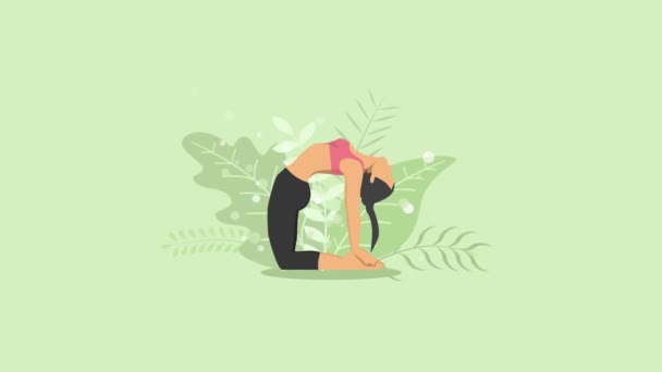 Woman Does Yoga Exercise Nature Camel Pose Female Cartoon Character — Stock Video