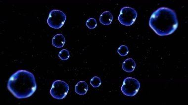 Siyah arka planda bir sürü sabun köpüğü var. Gerçekçi kabarcıklar yavaşça yüzer. Uçan şeffaf kabarcıklar. Döngü canlandırması.