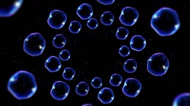 Siyah arka planda bir sürü sabun köpüğü var. Gerçekçi kabarcıklar yavaşça yüzer. Uçan şeffaf kabarcıklar. Döngü canlandırması.