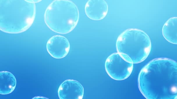 Много Мыльных Пузырей Голубом Фоне Реалистичные Пузыри Медленно Плавают Прозрачные — стоковое видео