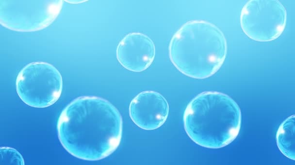 青の背景に多くの石鹸泡 現実的な泡がゆっくりと浮かんでいます 透明な泡が飛んでいます ループアニメーション — ストック動画