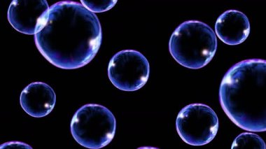 Siyah arka planda bir sürü sabun köpüğü var. Gerçekçi kabarcıklar yavaşça yüzer. Uçan şeffaf kabarcıklar. Döngü canlandırması.