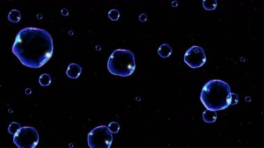 Siyah arka planda bir sürü sabun köpüğü var. Gerçekçi kabarcıklar yavaşça yüzer. Uçan şeffaf kabarcıklar. Döngü canlandırması.