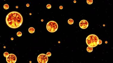 Birçok soyut ateş topu siyah arka planda uçuyor. Ateş küresi yavaşça yüzer. Döngü canlandırması.