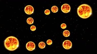 Birçok soyut ateş topu siyah arka planda uçuyor. Ateş küresi yavaşça yüzer. Döngü canlandırması.