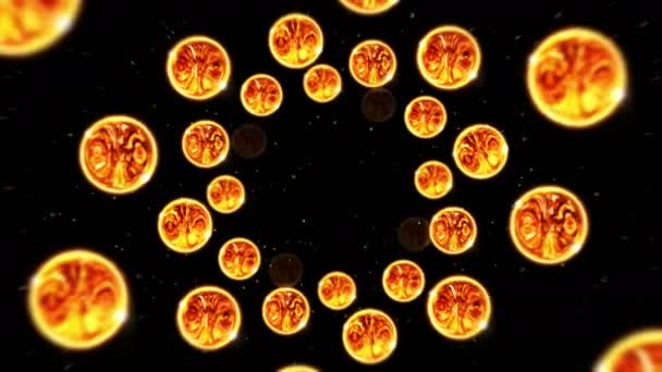 黒を背景に多くの抽象的な火の玉が飛んでいる 火球がゆっくり浮く ループアニメーション — ストック動画