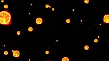 Birçok soyut ateş topu siyah arka planda uçuyor. Ateş küresi yavaşça yüzer. Döngü canlandırması.