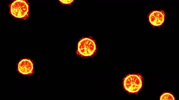 Багато Абстрактних Вогняних Кульок Летять Чорному Тлі Пожежна Сфера Повільно — стокове відео