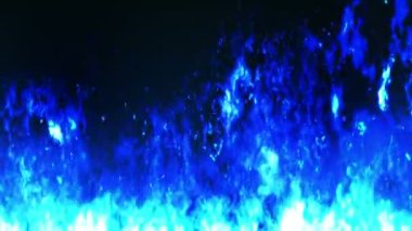 Siyah arka planda yanan alevlerin çizgi film deseni. Tehlikeli mavi yangın. Döngü canlandırması.
