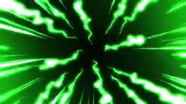 Çizgi film hız çizgileri olan yeşil ışık tüneli. Siyah arka planda çizgi romanlar. Çizgi film tasarımı konsepti. Döngü canlandırması.