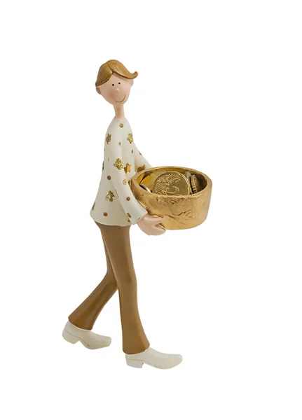 Boy with coins figurine — Stock Photo, Image