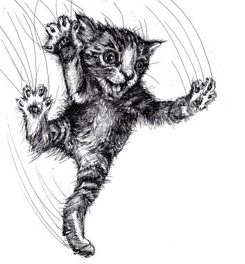 Bir dizi komik hayvan. Sıçrayan kedi yavrusu. Mürekkep grafikleri.