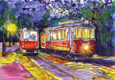 Bir dizi tramvay. Akşam parkındaki tramvaylar. Suluboya çizimi.